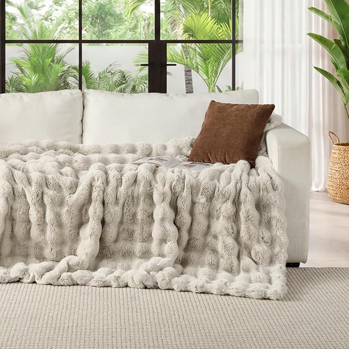 Lotus Karen Faux Fur Throw Blanket Linen - 800 GSM Bubble Rabbit Fluff Blanket for Couch Bed Sofa,Softest Fluffy Fuzzy Cozy Blanket,Thick Furry Plush Shaggy Warm Blankets for Women,108x90 Inches