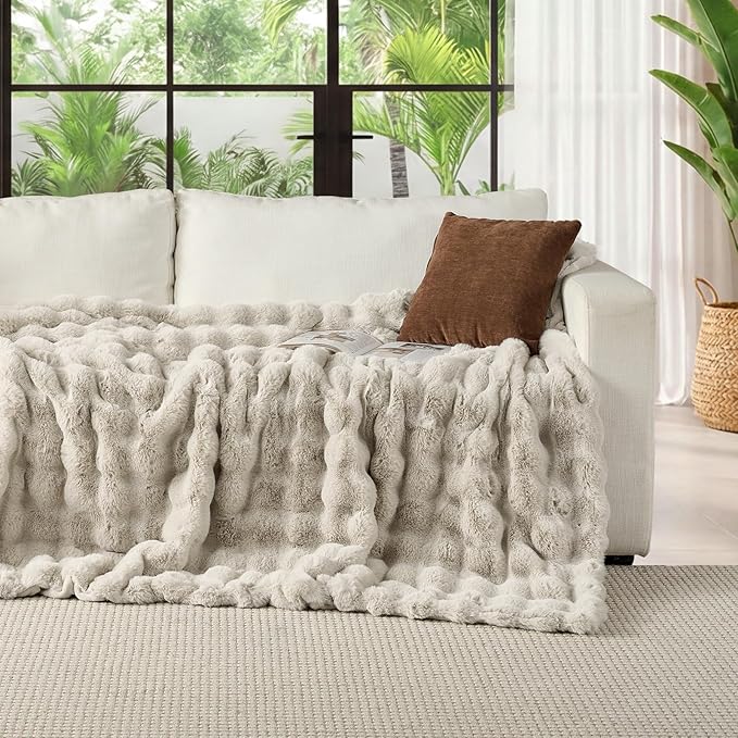 Lotus Karen Faux Fur Throw Blanket Linen - 800 GSM Bubble Rabbit Fluff Blanket for Couch Bed Sofa,Softest Fluffy Fuzzy Cozy Blanket,Thick Furry Plush Shaggy Warm Blankets for Women,90x90 Inches