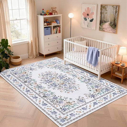 GarveeHome 4x6 Floral Area Rug for Nursery Vintage Botanical Floor Carpets | Machine Washable Flower Bordered Accent Mat Non-Slip Low Pile Floral Rugs for Living Room Bedroom Dining Room Beige