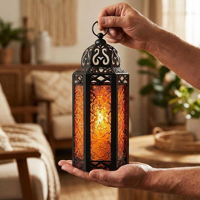 Vela Lanterns Decorative Indoor Moroccan Candle Holder, Amber, M | Halloween Decorations, Amber Orange Glass Decor, Gothic Dark Academia Lamp, Turkish Votive Pillar Tealight, 10.5in Tall