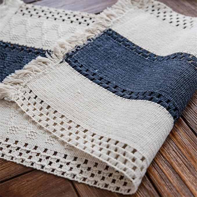 Macrame Table Runner Beige and Blue Boho Table Runners with Tassels 12x60 | Alynsehom Hand Woven Cotton Table Runner Rustic Farmhouse Table Runners for Bohemian Kitchen Dining Table