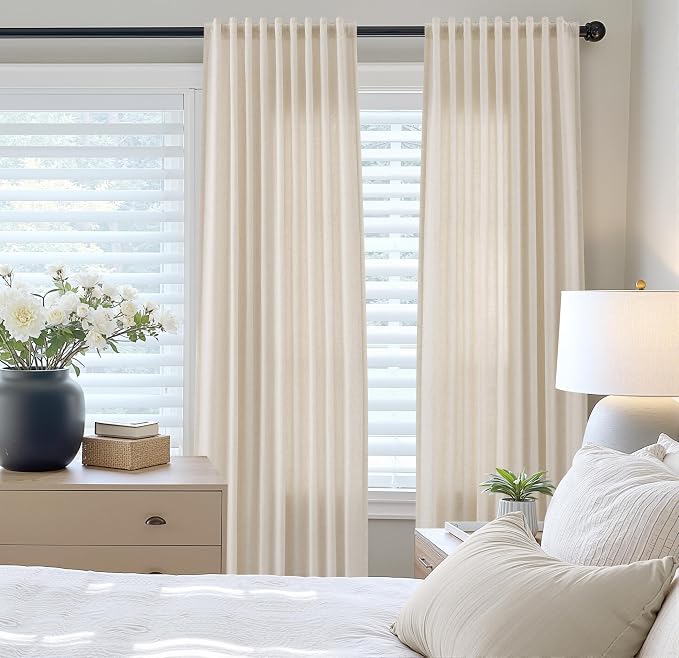 Beige Cream Linen Curtains 96 Inches Long for Living Room 2 Panel Back Tab Hook Belt Elegant Farmhouse Soft Linen Drapes Privacy Semi Sheer Curtain for Bedroom Nursery 52Wx96L