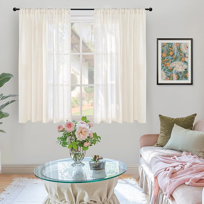 BGment Ivory Linen Curtains 45 Inches Long for Short Bedroom - Semi Sheer Light Filtering Window Drapes with Rod Pocket Textured Lightweight for Dining Living Room, 2 Panels Set, Each 42 Inch Wide