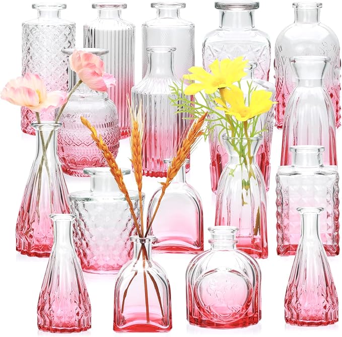 Glass Pink Bud Vase Set of 18,Small Glass Vintage Vases for Flowers | Bud Vases in Bulk for Rustic Wedding Decor,Table Centerpieces,Small Bud Vases for Decor Centerpiece for Bathroom