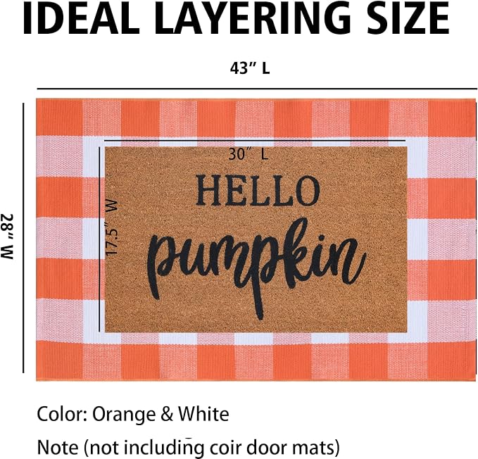 Orange and White Plaid Rug, 28'' x 43'' Fall Front Door Decor Mat, Cotton Washable Hand-Woven Door mat for Layered Doormat, Autumn Halloween Thanksgiving Carpet for Porch, Entryway