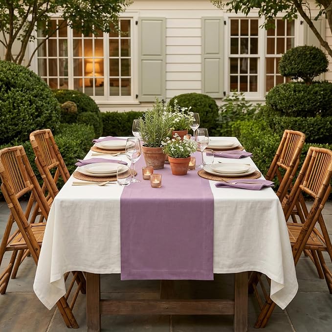 Solino Home 100% Pure Linen Table Runner Mulberry Long, Fete 14 x 132 in | styles dining tables for meals and celebrations, European flax fibres, handloomed texture, soft, fine, OEKO-TEX Certified