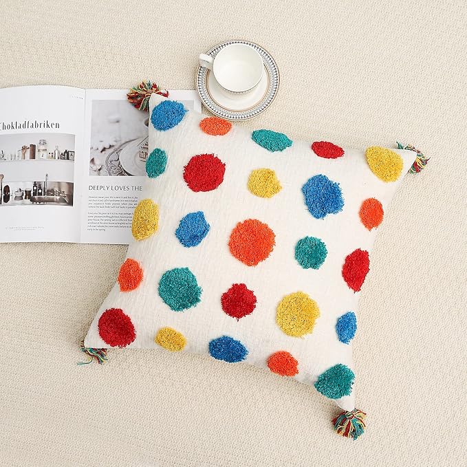 PLWORLD Boho Chenille Throw Pillow Cover 18x18, Tufted Tassel Cushion Case, 1PC Cover Only, No Insert