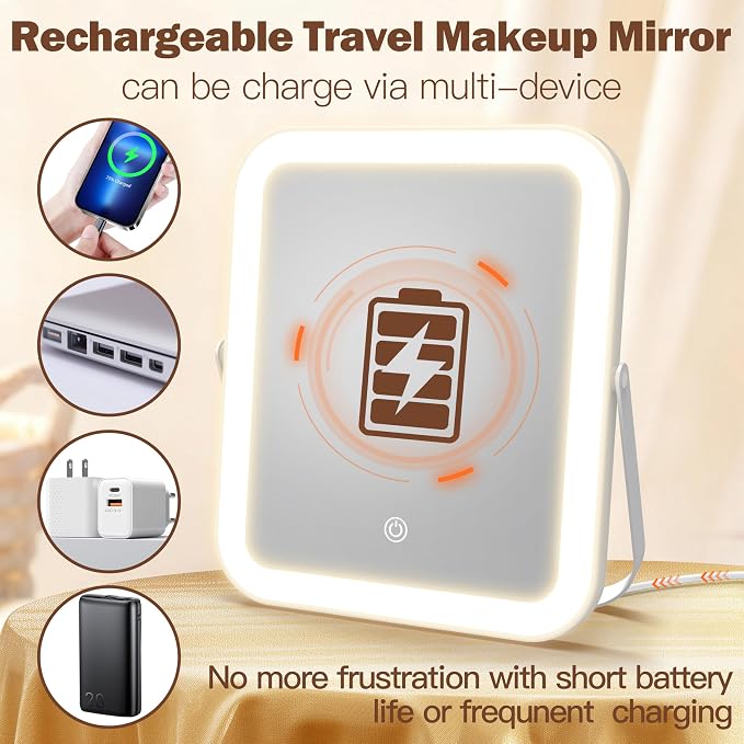 ROLOVE Travel Makeup Mirror with Lights, Ultra-Thin Aluminum Lighted Vanity Mirror, 8"x10" Rechargeable LED Mirror for Travel & Desk, 3 Color Dimmable Portable Folding Mirror, Gifts for Women