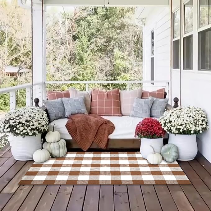 Homydecor Buffalo Plaid Outdoor Rugs, 24'' x 51'' Coffe and White Checkered Area Rug, Layering Rug for Hello/Welcome Door Mat, Washable Cotton Woven Farmhouse Mat for Front Porch Décor