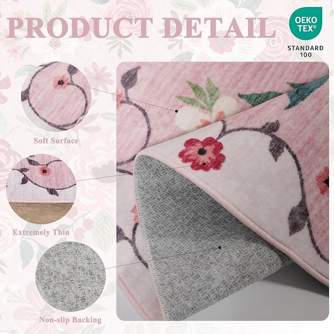 DUKINO 3x10 Runner Rug, Floral Washable Kitchen Runner Rug Non Slip, Pink | Soft, Low Pile, Stain Resistant Indoor Rug Runner for Hallway, Entryway, Bedroom, Bathroom, Modern Home Decor, Pet Friendly