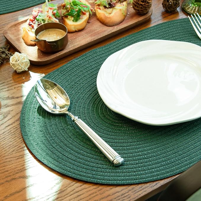 Placemats Set of 4, Woven Oval Braided Dining Table Mats(Sage Green) | 12 x 17.5 Inch Size Fits Plates and Flatware; Hand Washable and Heat Resistant for Kitchen Use, with Farmhouse and Boho Style
