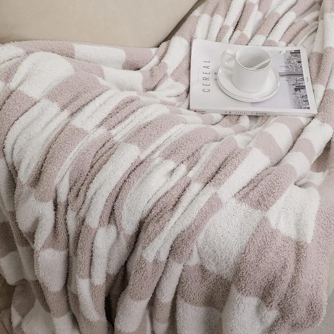 bearberry Soft Plush Throw Blanket for Couch, Cozy Warm & Lightweight | Knitted Fluffy Checkered Comfort Home Decor Gift for Women Mom Her, Sofa Chair Bed, 40x50in, Cream