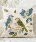 Embroidered Throw Pillow Cover 18x18 Inch - Summer Farmhouse Decorative Pillow Covers with Zipper for Couch Sofa Bedroom Living Room Spring Boho Cushion Pillowcase, Birds Leaves