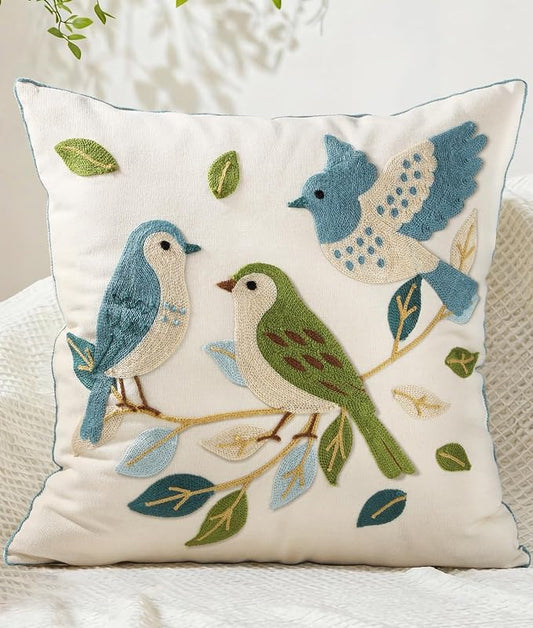Embroidered Throw Pillow Cover 18x18 Inch - Summer Farmhouse Decorative Pillow Covers with Zipper for Couch Sofa Bedroom Living Room Spring Boho Cushion Pillowcase, Birds Leaves