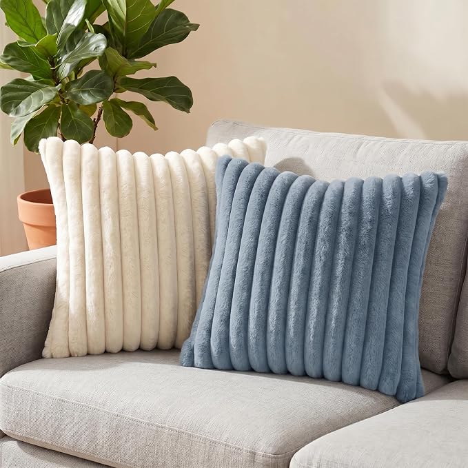 Pack of 2 Throw Pillow Covers 18x18 Decorative Solid Plush Faux Fur with Soft Velvet Back, Square Striped Cushion Cases Modern Farmhouse Home Decor for Living Room Couch Sofa Bed Serene Blue