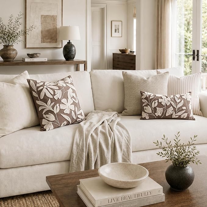 BlissBlush Decorative Lumbar Pillow Cover 12x20 Inch, Taupe Brown Floral Tufted Velvet Accent Pillow Case for Sofa Bed Living Room, Cover Only