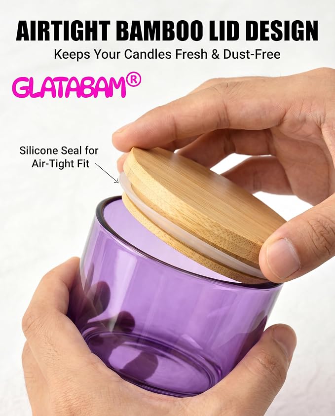 GLATABAM 4 OZ Candle Jars 12 Pack - Bulk Glass Candle Making Jars with Bamboo Lids & Labels, Heat Resistant Empty Reusable Candle Vessel for Containers(Purple)