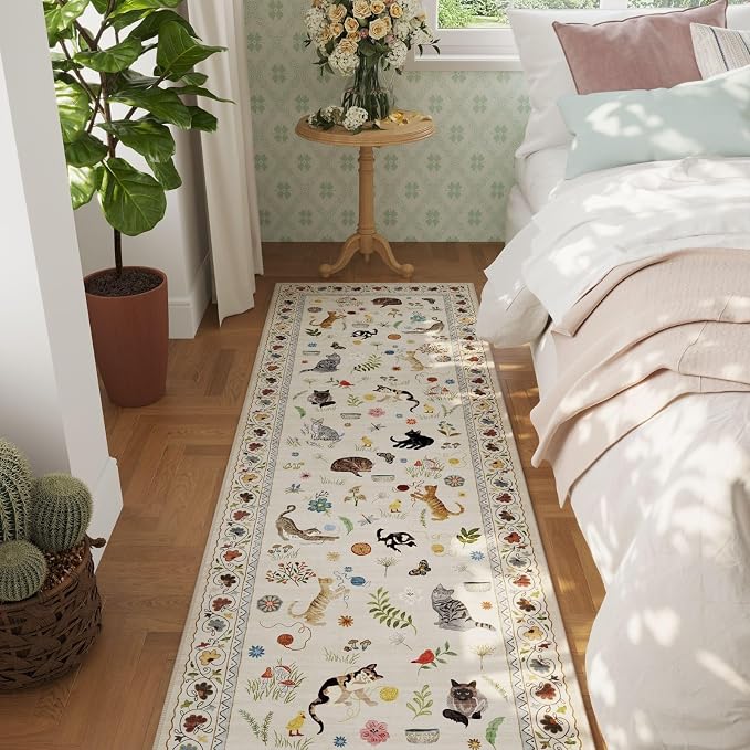 Rugcomf 2x5 Runner Rug - Floral Cat Machine Washable Kitchen Rug, Non-Slip Low Pile Boho Carpet for Hallways, Laundry, Entryway, Bedroom, Bathroom - Beige