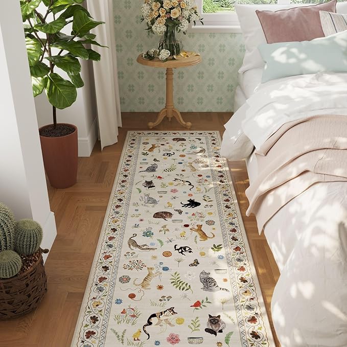 Rugcomf 2'7"x12' Kitchen Runner - Floral Cat Washable Long Hallway Runner Rug Non Slip, Boho Carpet for Entryway, Hall, Bathroom - Beige