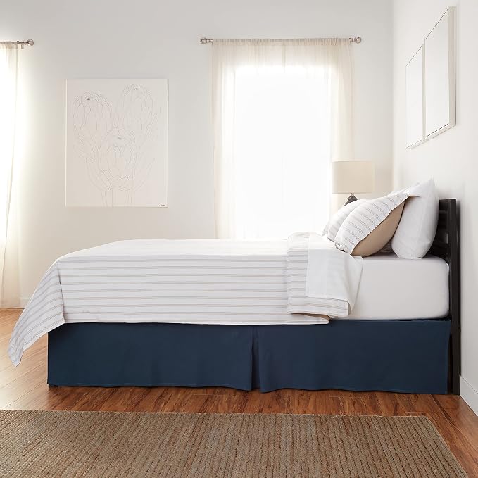 Amazon Basics Lightweight Pleated Bed Skirt, Fade Resistant, Wrinkle Resistant, Machine Washable, Queen, Navy Blue