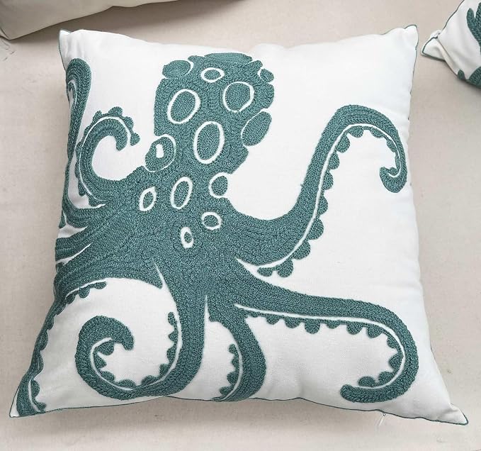 Embroidered Cute Nautical Animal Pillow Cover,Square 18 Inches Decorative Canvas Pillow Cover for Nautical Style Deco by (Seagreen-Octopus)