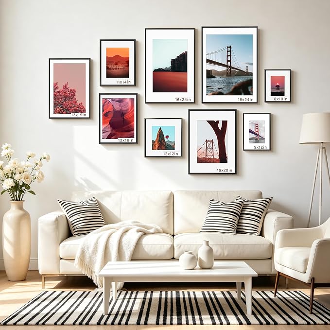 Frametory 9x12 Black Aluminum Metal Picture Frame Mat for 6x8 Glass