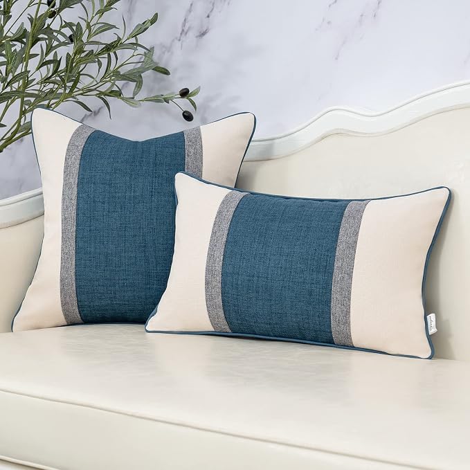 Yangest Patchwork Pillow Cover 12x20 Inch Luxury Cotton and Linen Cushion Cover Rectangle Pillowcover for Couch Bedroom Living Room, Blue