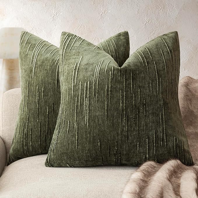 Foindtower Pack of 2 Slubby Textured Chenille Throw Decorative Pillow Covers Square Accent Solid Cushion Cover Soft Farmhouse Pillow Case for Couch Sofa Bedroom Living Room 20x20 Inch,Dark Olive Green