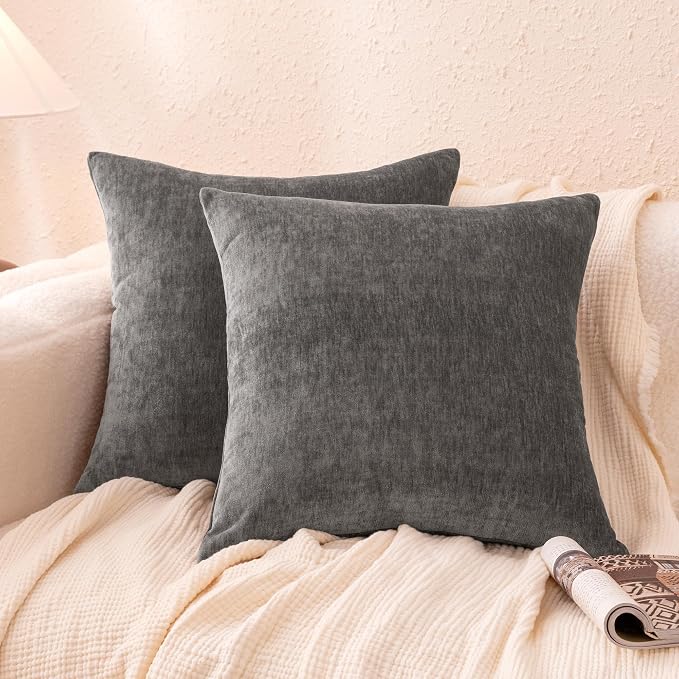Amazon Basics Chenille Throw Pillow Covers, Home Decor Cushion Cover for Bedroom Living Room Couch Bed, 22" W × 22" L, Dark Gray