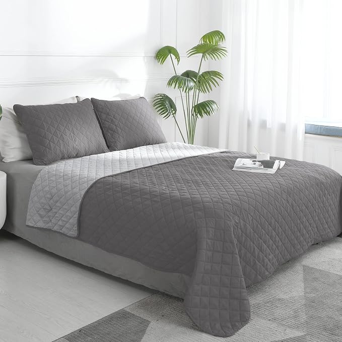 Easy-Going Reversible Quilt Set Twin, Bedspread with 1 Shams | Gray/Light Gray, Lightweight Microfiber Bed Comforter, 1 Quilt + 1 Pillow Shams, All-Season Coverlets for Bedroom