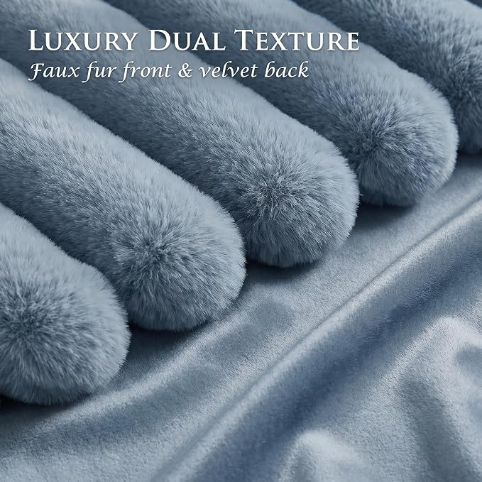Pack of 2 Throw Pillow Covers 18x18 Decorative Solid Plush Faux Fur with Soft Velvet Back, Square Striped Cushion Cases Modern Farmhouse Home Decor for Living Room Couch Sofa Bed Serene Blue