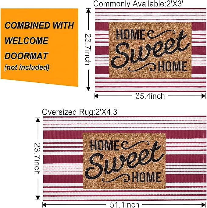 BUAGETUP Red and White Outdoor Rug 24"x51"Washable Front Porch Rug | Hand-Woven Cotton Farmhouse Layered Doormat Combined With Hello Welcome Mat