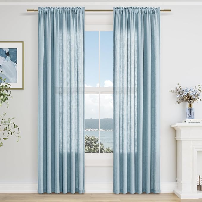 Light Blue Linen Curtains 84 Inches Long 2 Panel Set Rod Pocket Semi Sheer Dining Room Cozy Bedroom Decor Cotton Look Country Rustic Farmhouse Boho Curtains 52x84