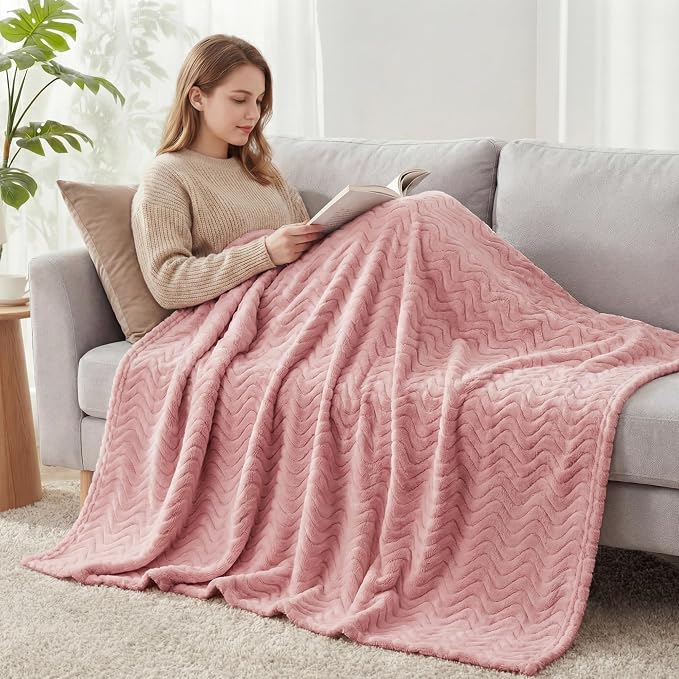Exclusivo Mezcla Large Fleece Throw Blanket for Couch, Sofa, Pink | 50"x70" Soft Breathable Lightweight Flannel Throws for Summer, Plush Cozy Jacquard Wave Blanket for Home Decor