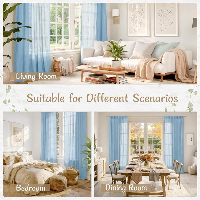 Linen Curtains for Living Room 96 inch Long 2 Panels, 52 x 96 Inch | Blue, Light Filtering Semi Sheer Curtains, Farmhouse Boho, Back Tab Rod Pocket, Drapes for Bedroom, Sliding Glass Door