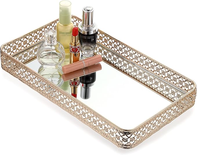 ELLDOO Gold Mirror Glass Perfume & Makeup Vanity Tray, Large Size