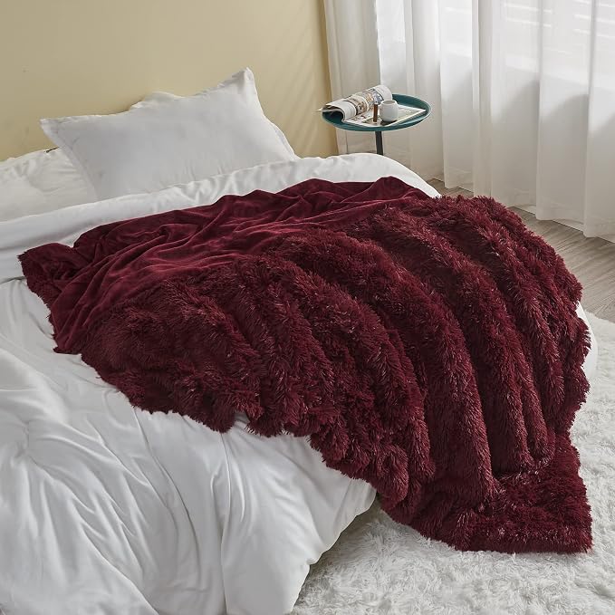 GONAAP Fuzzy Faux Fur Twin Blanket for Couch, Wine Red, 60"x80" | Warm Cozy Plush Shaggy Decorative Reversible Thick Non-Heated Fleece Blanket for Sofa Bed, Gift for Women Men, All Season Use
