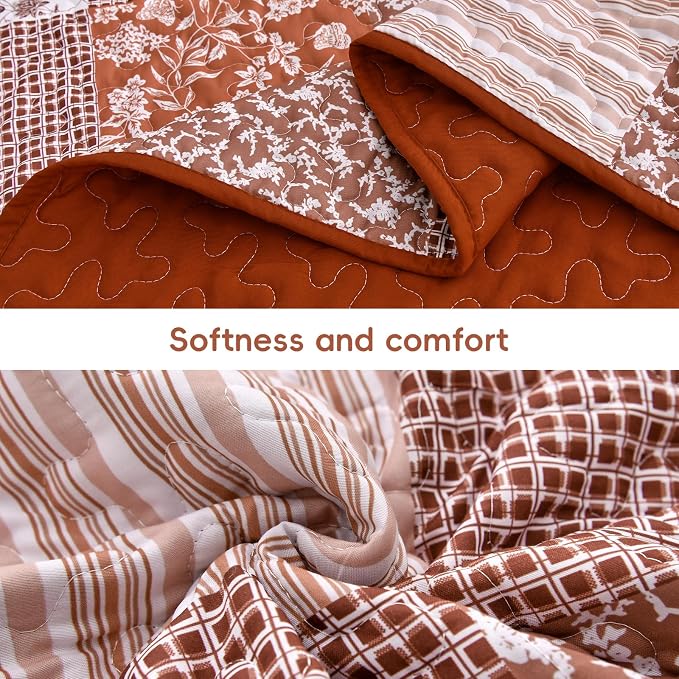 Mybedsoul Burnt Orange Boho Quilt Queen Size, Patchwork Fall Bedding Set | Soft Lightweight Microfiber Floral Coverlet Set, 3 Pieces Plaid Reversible Bedspread, Bed Sets for All Seasons 96"x90"