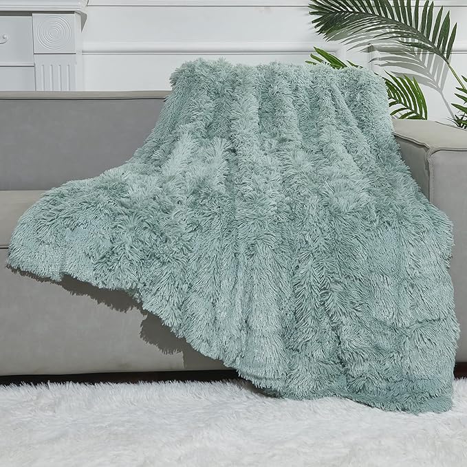 GONAAP Fuzzy Faux Fur Twin Blanket for Couch, Ice Blue, 60"x80" | Warm Cozy Plush Shaggy Decorative Reversible Thick Non-Heated Fleece Blanket for Sofa Bed, Gift for Women Men, All Season Use