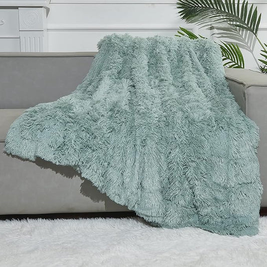 GONAAP Fuzzy Faux Fur Twin Blanket for Couch, Ice Blue, 60"x80" | Warm Cozy Plush Shaggy Decorative Reversible Thick Non-Heated Fleece Blanket for Sofa Bed, Gift for Women Men, All Season Use