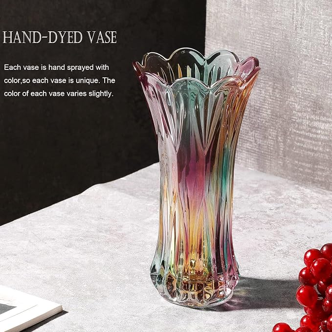 Glass Colorful Vase,Glass Flower Vase Decor for Home Dining Table Living Room,Office Wedding Holiday Party,Handmade Pattern(Phoenix Tail Style)