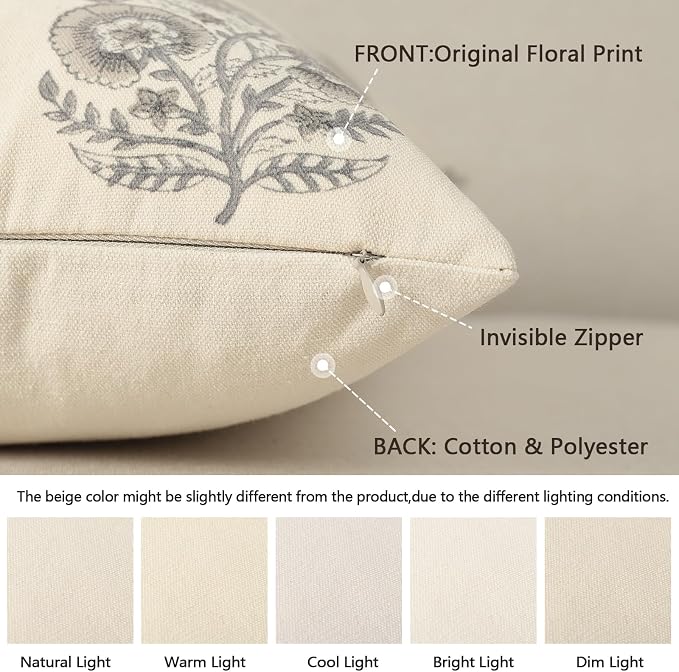 Vintage Floral Print Euro Sham Pillow Covers 24x24 Set of 2 Patterned Accent Decorative Cushion Covers Modern Farmhouse Throw Pillow Covers for Bed Sofa Couch Chair Living Room Home Decor, Light Taupe