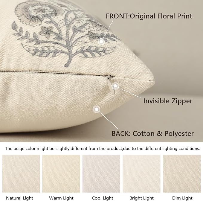 YCOLL Vintage Floral Print Pillow Covers 18x18 Set of 2 Patterned Accent Decorative Cushion Covers Modern Farmhouse Throw Pillow Covers for Sofa Couch Chair Bed Living Room Home Decor, Light Taupe