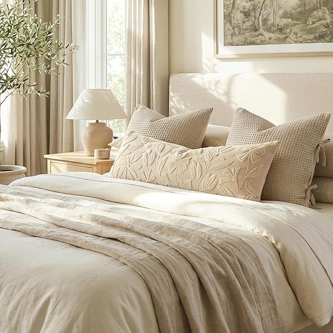 BlissBlush 14x36 Lumbar Pillow Cover for Bed, Rectangular Decorative Long Throw Pillowcase, Embroidered Farmhouse Accent Cushion, Beige Neutral Floral Tufted (Cover Only)