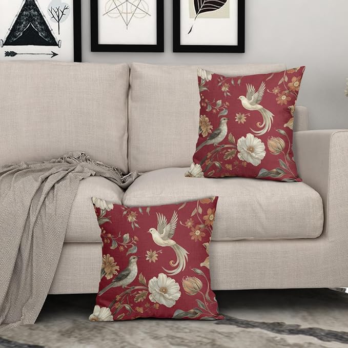Kawani Vintage Floral Pillow Covers 16x16 Inch Set of 2 Red Chinoiserie Flower and Bird Outdoor Decorative Throw Pillows Retro Rustic Pillowcases Farmhouse Cushion Covers for Couch Home Decor