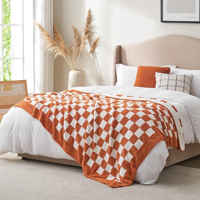 Snuggle Sac Checkered Throw Blanket for Couch, Super Soft, Cozy Warm Knit Blankets, Reversible Plaid Fluffy Throws for Sofa, Bed, Checkered Burnt Orange, 50x60 Inches