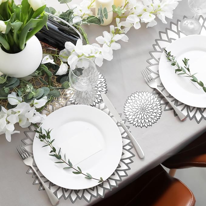 Geosar 200 Pcs Silver Metallic Disposable Paper Placemats Set 13 Inch | With Coasters for Drinks, Charger Size Fits Plates, Summer Hawaiian Luau Placemat for Wedding Bridal Shower Birthday