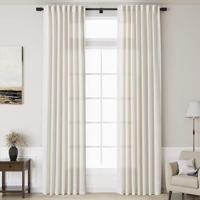 Linen Cream Curtains 135 inch Extra Long for Living Room Back Tab Light Filtering Semi Sheer Drapes Modern Farmhouse Coastal Decor Cotton Textured Curtain for Floor to Ceiling High Window 52x135