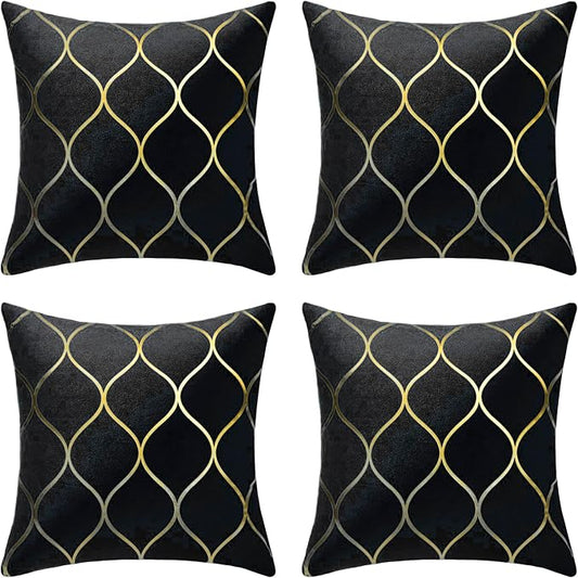 Gyulin Pack of 4 Gold Velvet Throw Pillow Covers 18x18 Inches Solid Square Pillow Covers Geometric Cushion Covers for Couch Sofa Home Bedroom Decor, Black