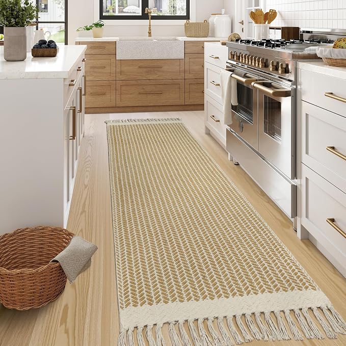 Lahome Boho Bathroom Runner Rug, 2x7 Washable Rugs for Laundry Room Hallway | Woven Cotton Hallway Rugs with Tassels, Farmhouse Decor Mat, Non Shedding Lightweight Low Pile Carpet for Kitchen Bath, Khaki